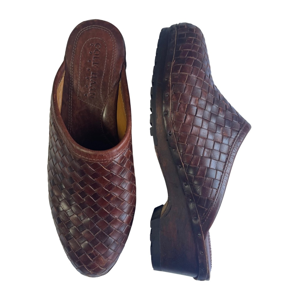Cole Haan Size 6.5M Woven Leather Clogs Brown Studded Wood Platform Mules Womens
